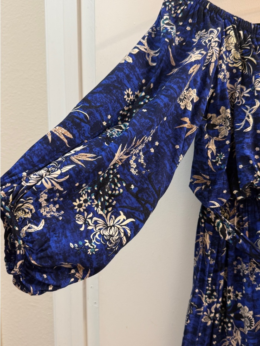 Jaase "Handshaped in the Shed" Boho Blue Floral Off-Shoulder Dress XS - Picture 3 of 12